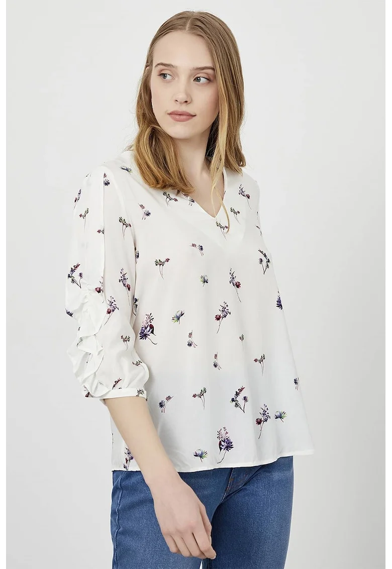 Bluza cu maneci medi si model floral, Alb/Verde/Violet
