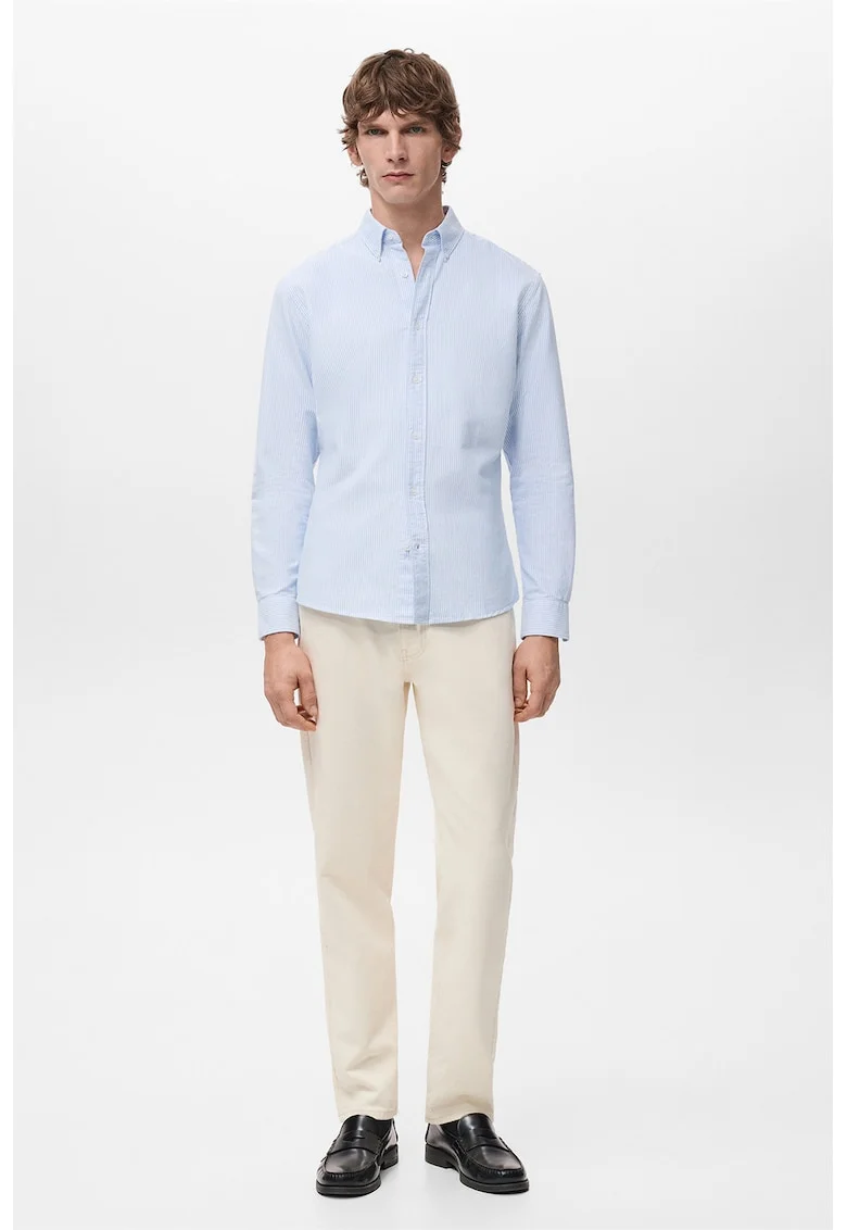 Camasa slim fit cu dungi si guler fixat cu nasturi, Alb/Albastru lavanda