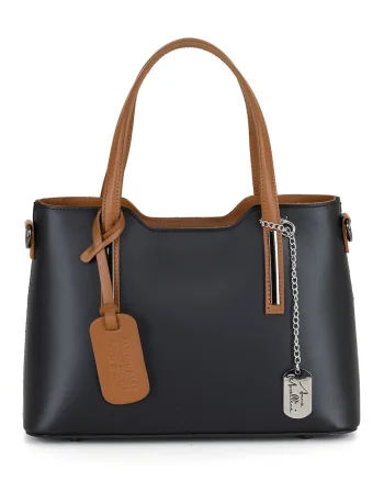 Geanta piele cu bareta de umar1112, Negru/Maro scortisoara, 22 x 28 x 8 CM