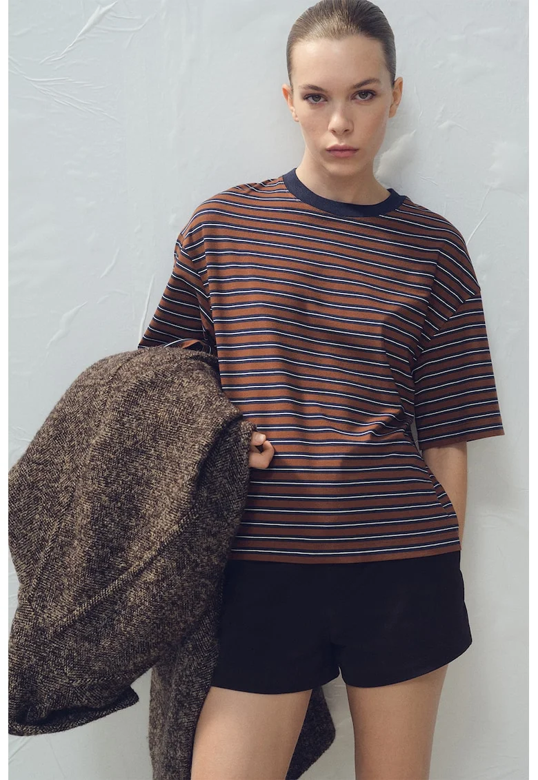 Tricou relaxed fit cu dungi, Alb/Maro deschis/Bleumarin