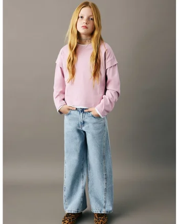 Bluza de bumbac cu decolteu la baza gatului, Roz pastel