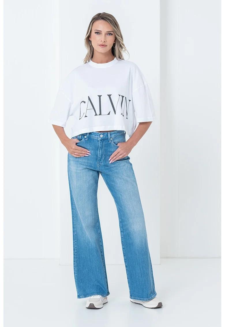 Tricou crop supradimensionat din bumbac, Alb/Negru stins