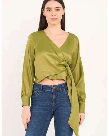 Bluza crop din satin cu decolteu drapat, Verde masliniu