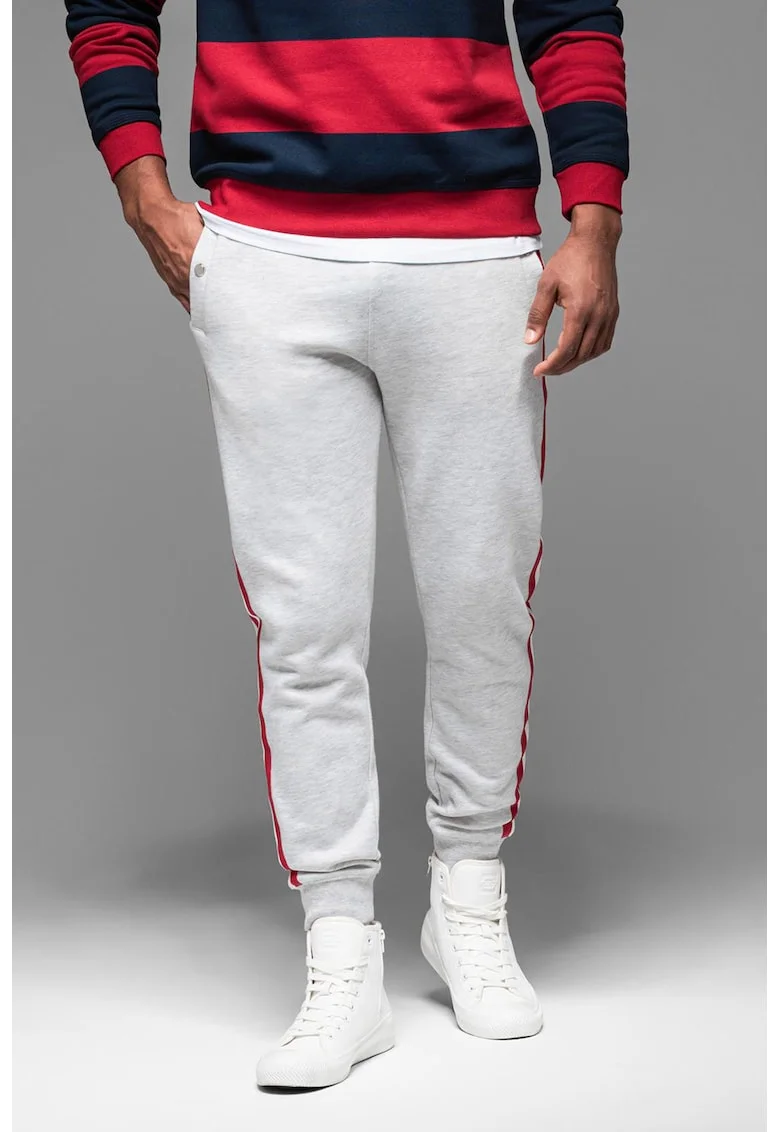 Pantaloni de trening cu croiala conica si segmente laterale contrastante, Rosu/Gri deschis melange
