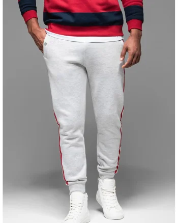 Pantaloni de trening cu croiala conica si segmente laterale contrastante, Rosu/Gri deschis melange