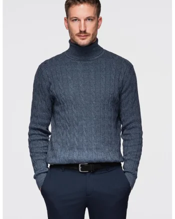 Pulover slim fit cu guler inalt si model torsade, Albastru ultramarin