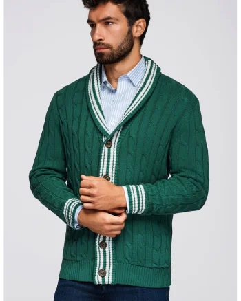 Cardigan cu nasturi si model torsade, Alb/Verde