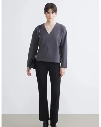 Bluza lejera cu model in V, Gri inchis melange