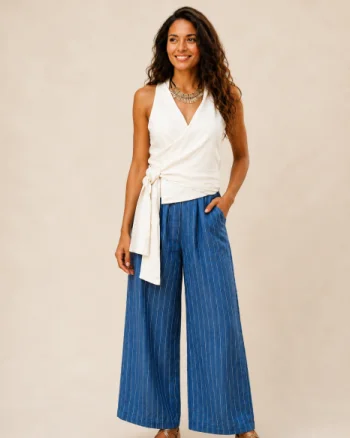 Bluza fara maneci din in, petrecuta, alba ivory