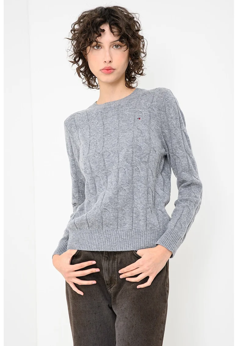 Pulover din lana cu guler rotund si model torsade, Gri inchis
