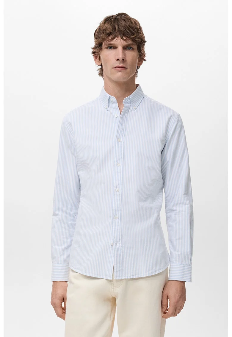 Camasa slim fit cu dungi si guler fixat cu nasturi, Alb/Albastru glaciar