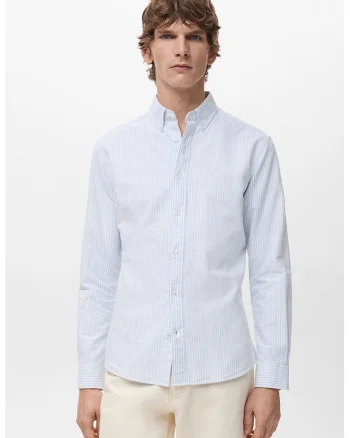 Camasa slim fit cu dungi si guler fixat cu nasturi, Alb/Albastru glaciar