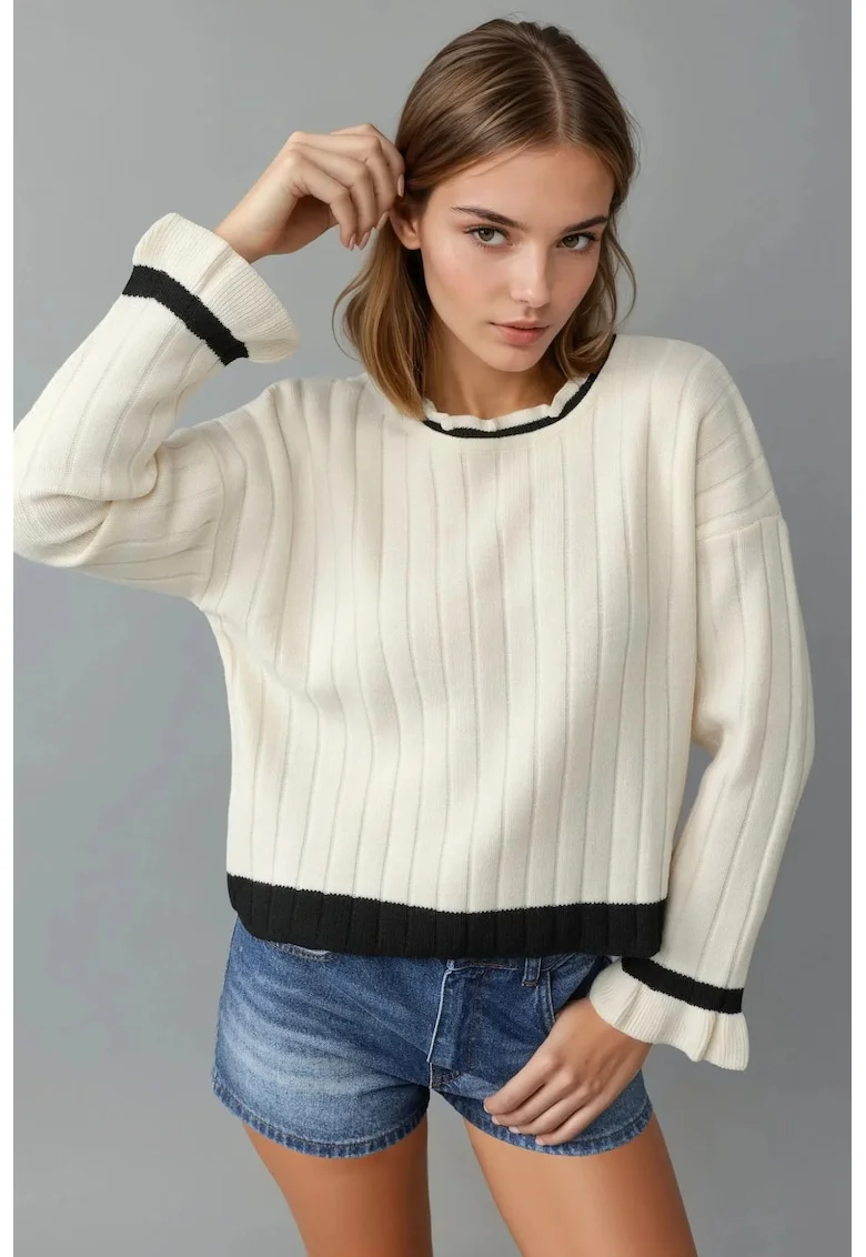 Pulover tricotat,  dungi, guler rotund, crem, tricot, One Size
