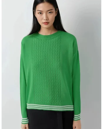 Pulover dama,  guler rotund, model impletit, verde, tricot, One Size