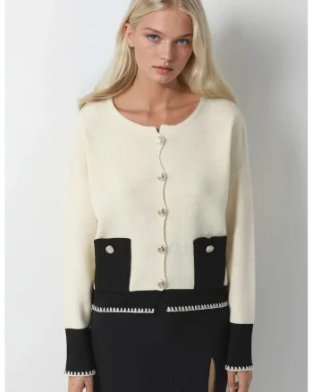 Pulover dama,  cardigan tricotat, detalii buzunare, crem, tricot, One Size