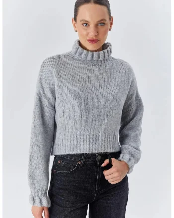 Pulover dama,  scurt, texturat, gri, tricot, One Size