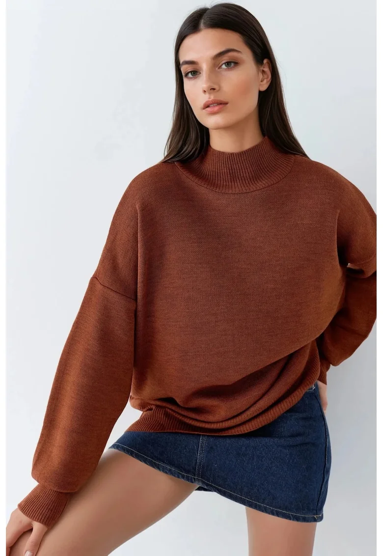 Pulover dama,  supradimensionat, jumatate de guler, maro nuc, tricot, One Size