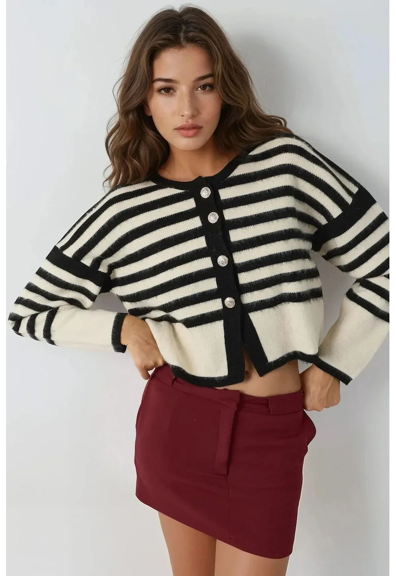 Cardigan tricotat cu dungi,  negru, tricot, One Size
