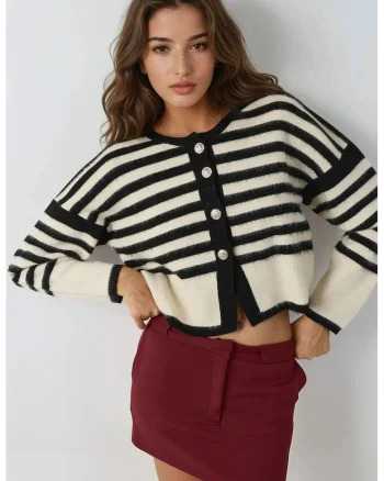 Cardigan tricotat cu dungi,  negru, tricot, One Size