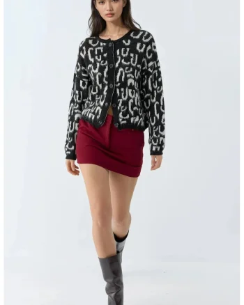 Cardigan,  Jacquard, cu maneca lunga, negru, tricot, One Size