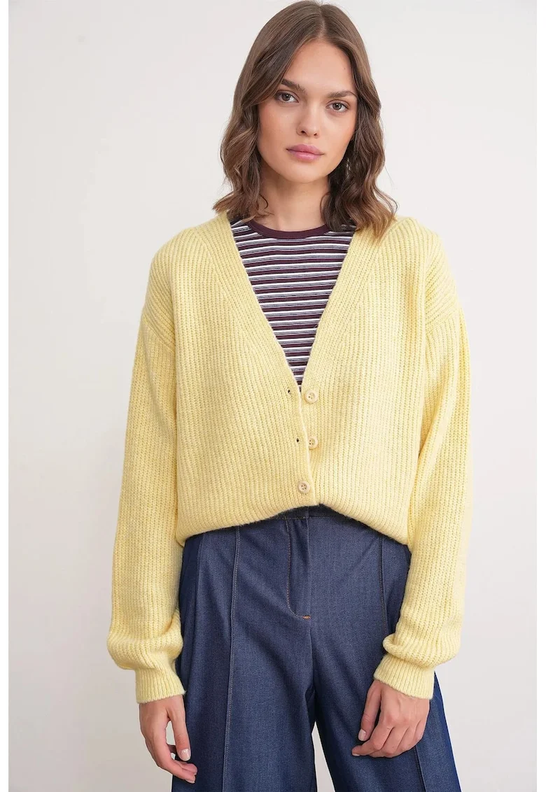 Pulover dama,  cardigan cu nasturi, decolteu in V, texturat, galben lamaie, tricot,