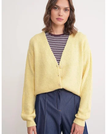 Pulover dama,  cardigan cu nasturi, decolteu in V, texturat, galben lamaie, tricot,