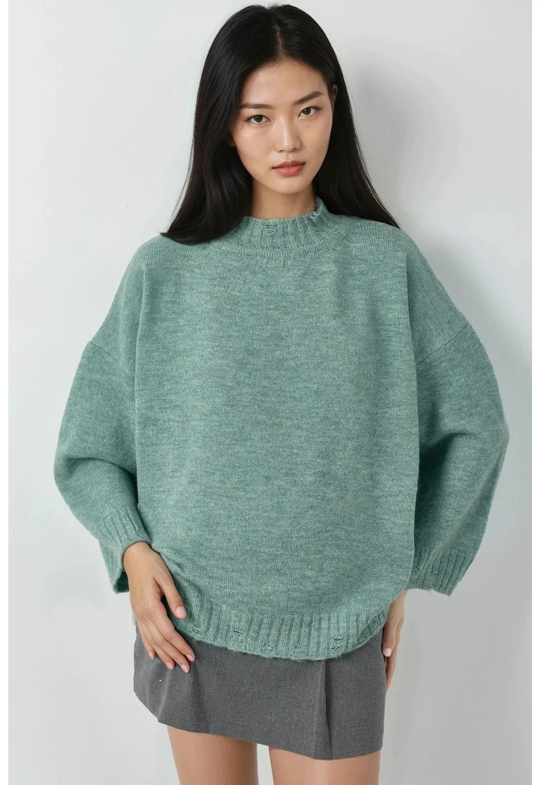 Pulover dama,  tricotat supradimensionat, verde menta, material tricot, One Size