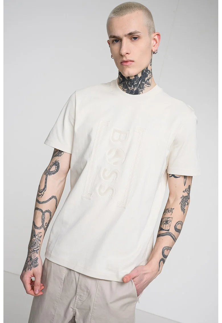 Tricou relaxed fit cu imprimeu logo frontal Iconic, Alb/Alb fildes