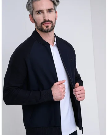 Bluza de trening cu fermoar si model uni, Bleumarin