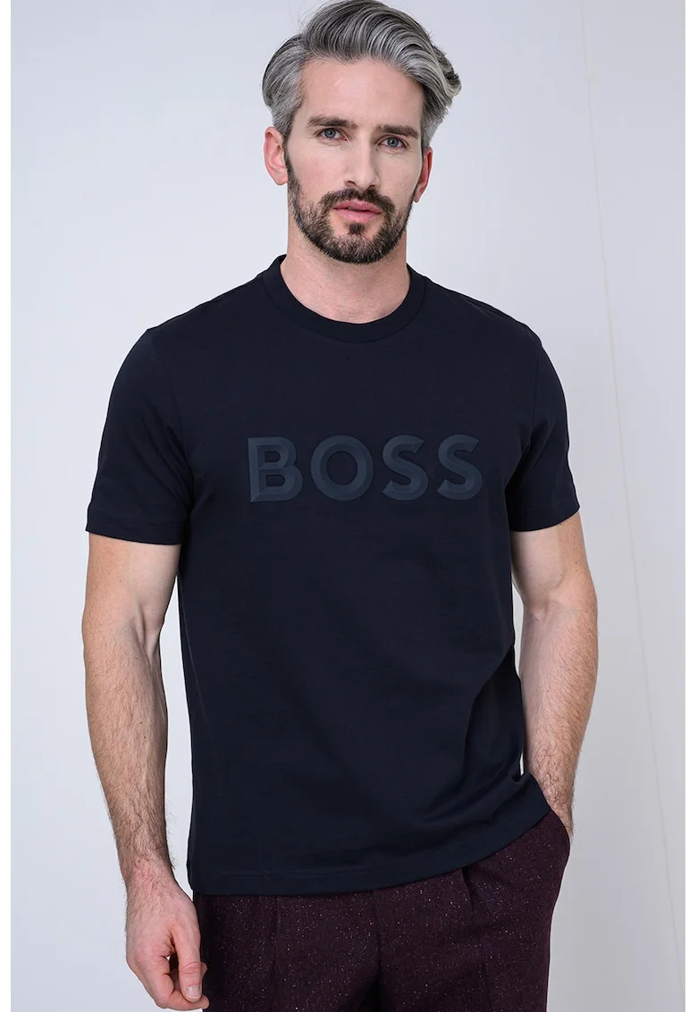 Tricou cu decolteu la baza gatului si imprimeu logo, Albastru ultramarin