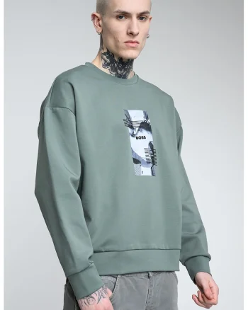 Bluza de trening cu decolteu la baza gatului si imprimeu logo, Alb/Verde feriga