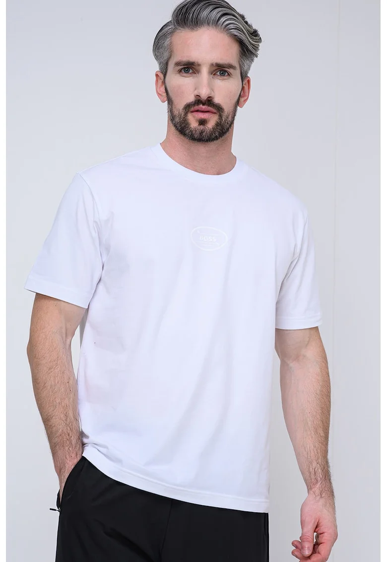 Tricou cu decolteu la baza gatului si logo discret, Alb optic
