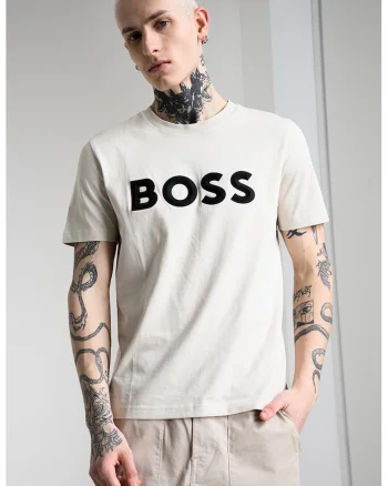 Tricou cu decolteu la baza gatului si imprimeu logo, Maro taupe deschis