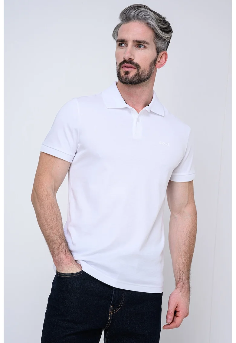 Tricou polo regular fit cu detaliu logo discret Pio, Alb optic