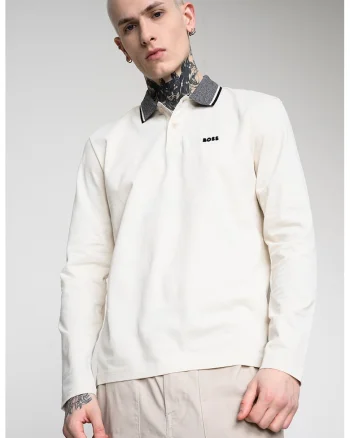 Bluza cu guler polo League Plisy, Gri melange/Crem