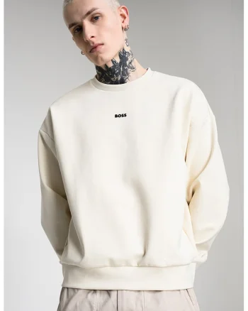 Bluza de trening cu decolteu la baza gatului si detaliu logo, Crem
