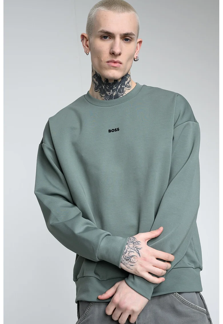 Bluza de trening cu decolteu la baza gatului si detaliu logo, Verde aquamarin