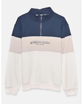 Bluza de trening cu guler si fermoar scurt, Alb/Bleumarin
