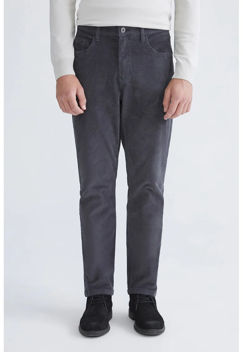 Pantaloni regular fit cu talie medie si aspect catifelat, Gri inchis