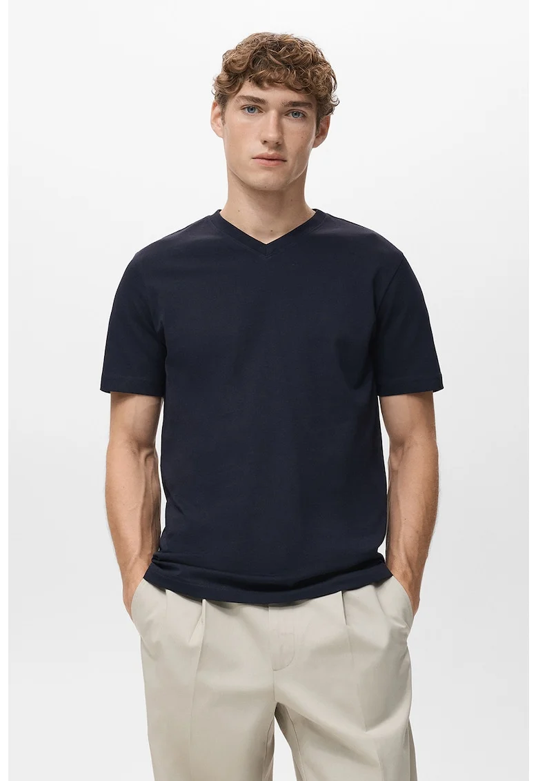 Tricou de bumbac cu decolteu in V, Albastru ultramarin