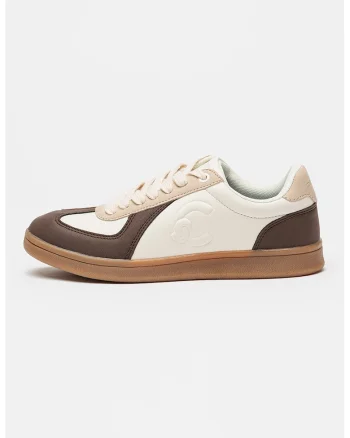 Pantofi sport colorblock de piele ecologica, Alb/Maro inchis