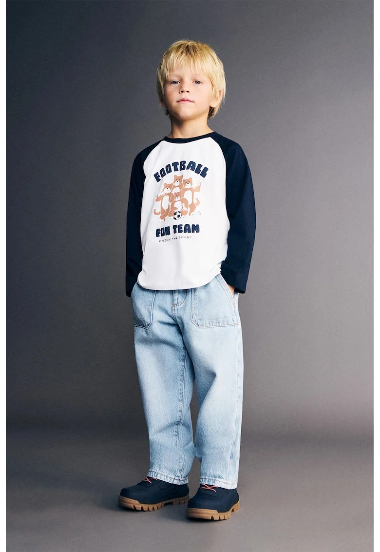 Bluza de bumbac cu imprimeu, Portocaliu pal/Alb optic/Bleumarin