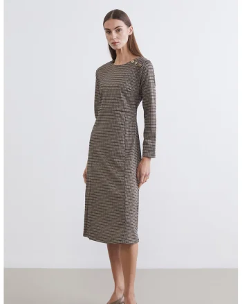 Rochie midi cu model houndstooth, Maro inchis