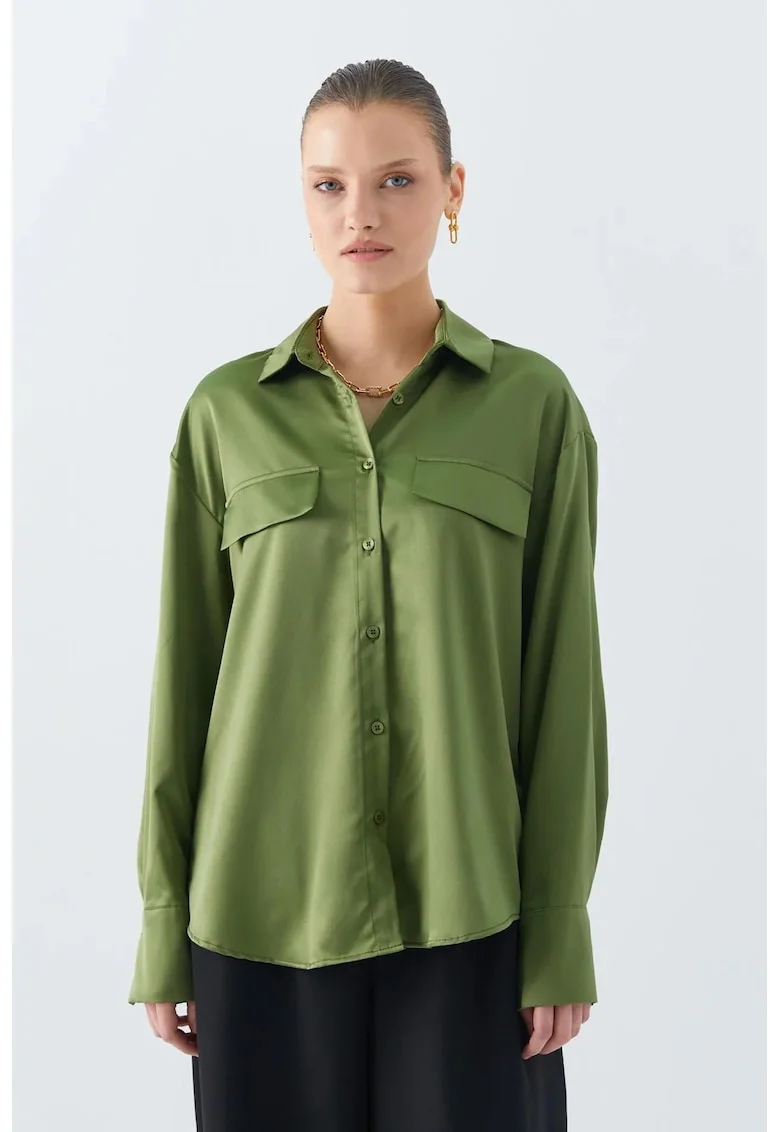 Camasa dama,  camasa din satin, detaliu buzunar, verde kaki, textil
