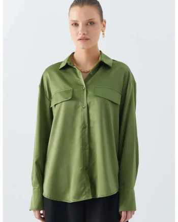 Camasa dama,  camasa din satin, detaliu buzunar, verde kaki, textil