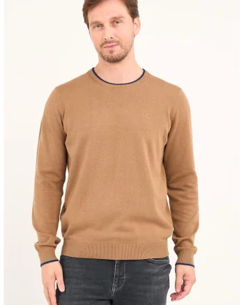 Pulover de bumbac cu decolteu la baza gatului, Maro camel