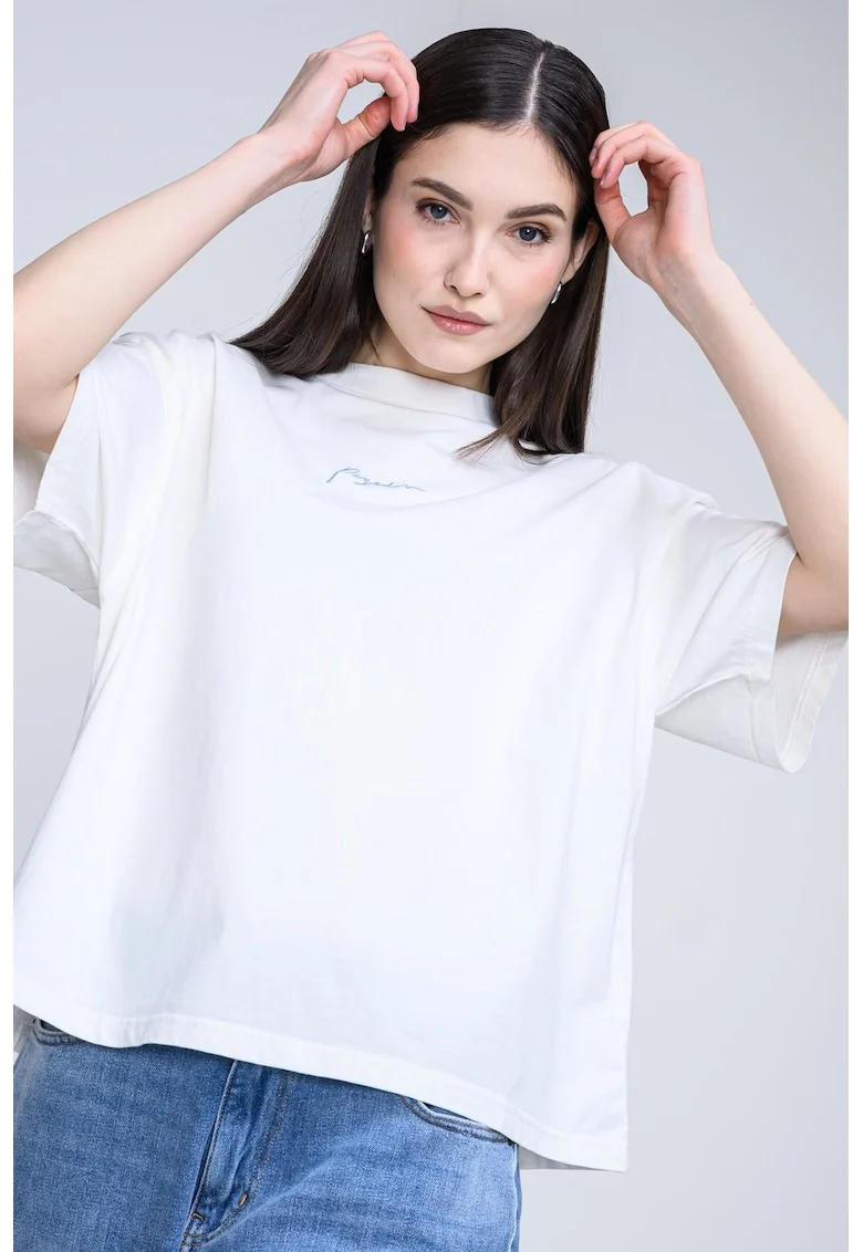 Tricou de bumbac cu imprimeu, Albastru glaciar/Alb murdar