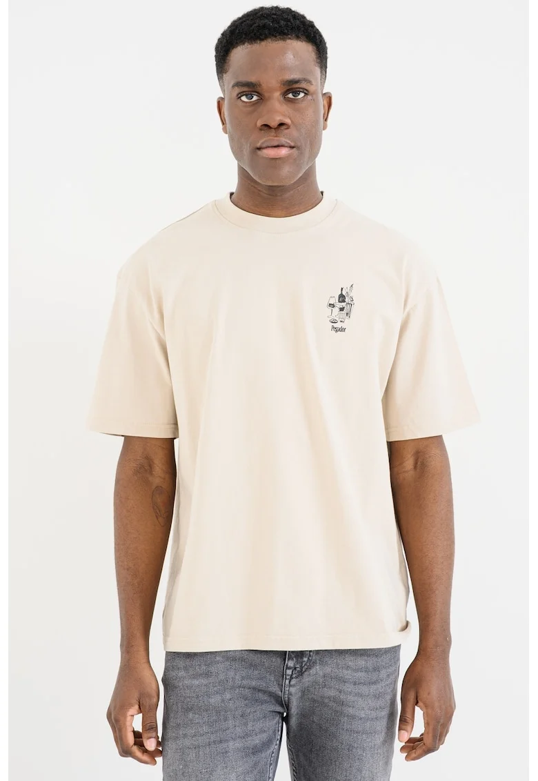 Tricou cu imprimeu si decolteu la baza gatului, Crem