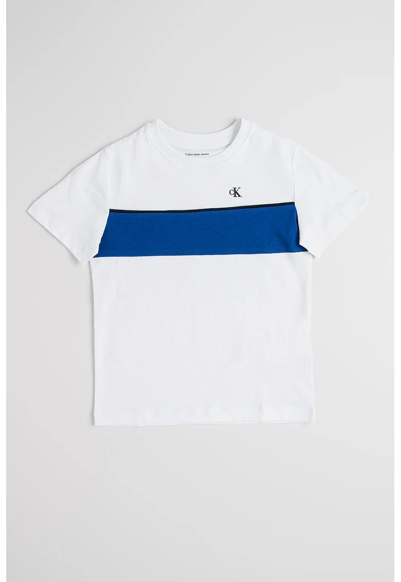 Tricou de bumbac cu decolteu la baza gatului, Alb/Albastru royal