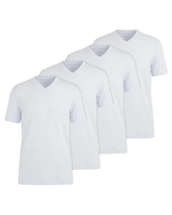 Set de tricouri din bumbac cu decolteu in V - 4 piese, Alb